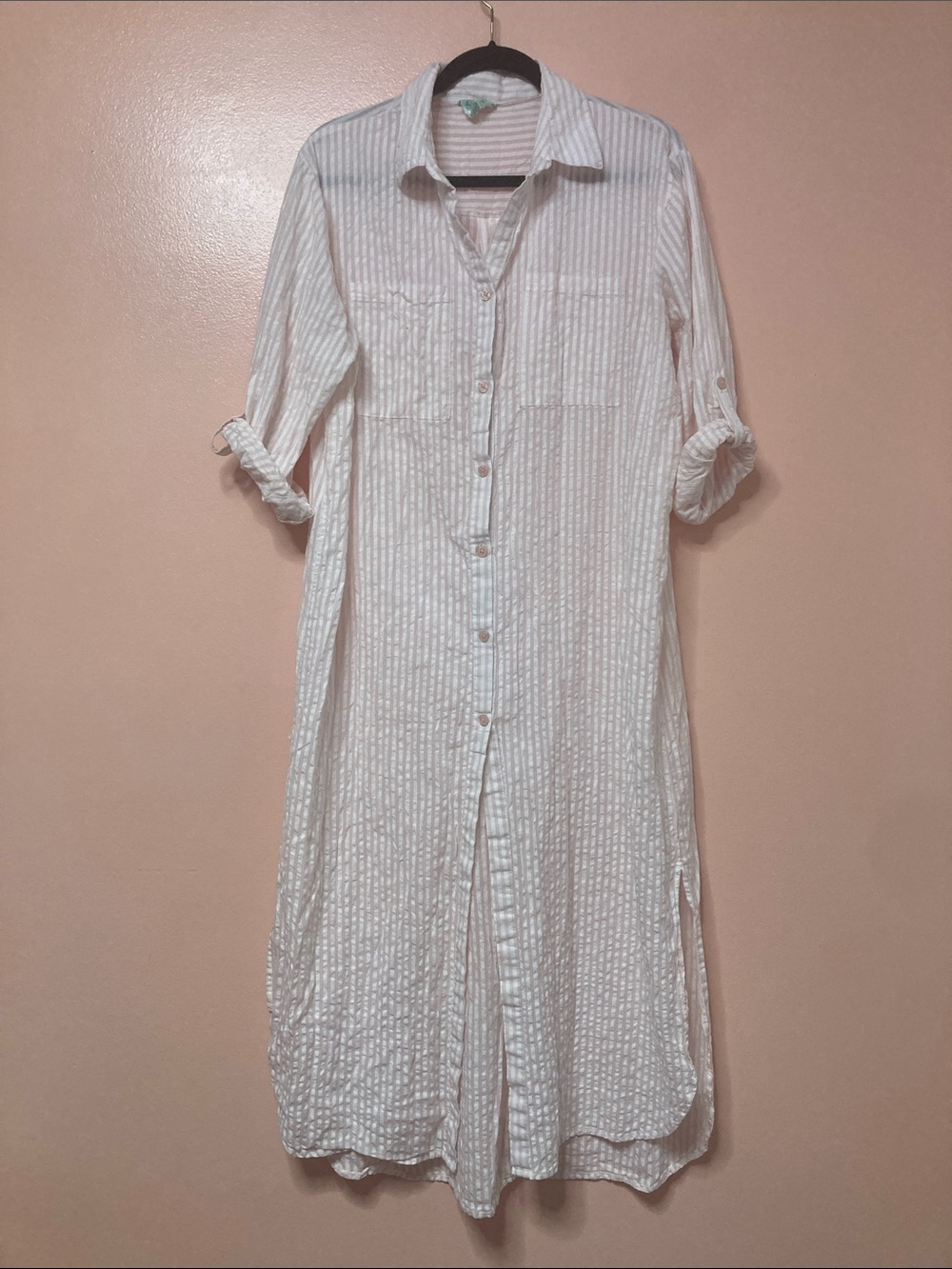 True Destinations Womens Sz M Pink Striped Maxi Cover Up Shirt Dress Seersucker